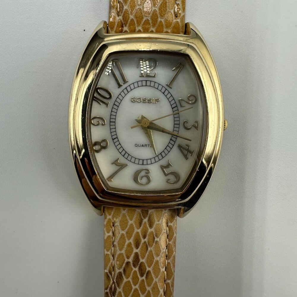 3/$30 Gossip Watch Women Gold Tone Beige Animal Print Leather Band 9"